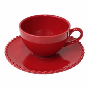 Rubínovočervená kameninová šálka na čaj s tanierikom Costa Nova Pearlrubi