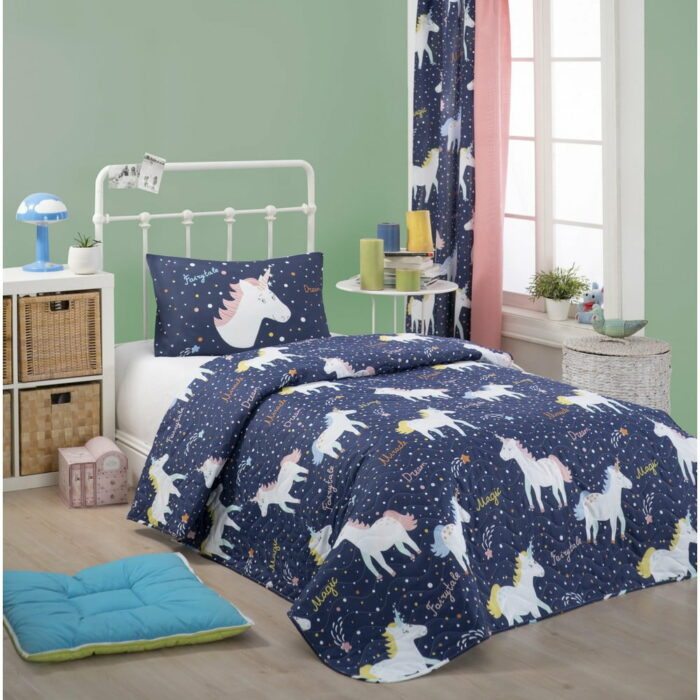 Set prehozu cez posteľ a obliečky na vankúš s prímesou bavlny Eponj Home Magic Unicorn Dark Blue